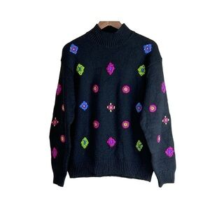 Vintage Hand Embroidered 100 % Wool Jones New York Colorful Mock Neck Sweater